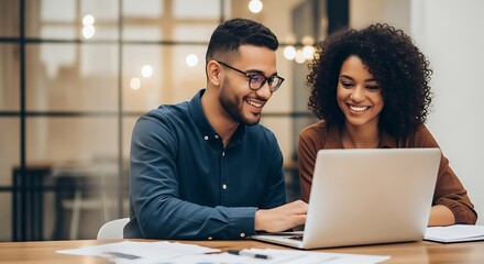 Diverse colleagues collaborating and smiling while working on a laptop together