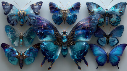 watercolor illustrations of cute blue butterflies, drawings by hand, isolated on white background