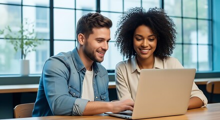 Diverse colleagues collaborating effectively on a laptop in a modern office setting