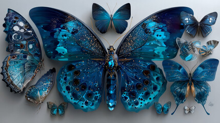watercolor illustrations of cute blue butterflies, drawings by hand, isolated on white background