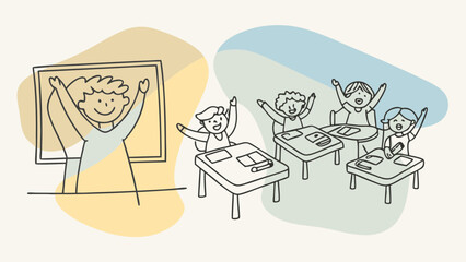 A joyful classroom scene featuring children celebrating, with a teacher in front of a chalkboard. Line art style.