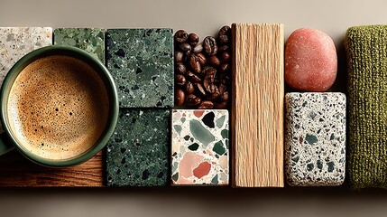 Green Interior Design Material Sample, Creative Combination of Terrazzo, Wood, Coffee Beans and Fabric