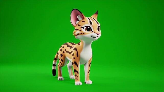 Animated Serval Cat with Spotted Fur Standing on Green Screen Background