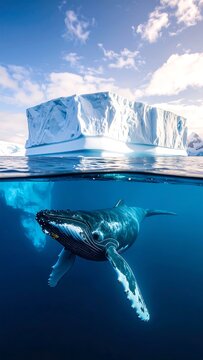Humpback whale swims beneath a massive iceberg in a split-level underwater shot