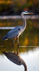 A great blue heron stands in shallow water, its reflection mirrored perfectly