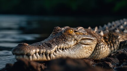 Fototapeta premium Close-up of a crocodile resting on rocks by a river
