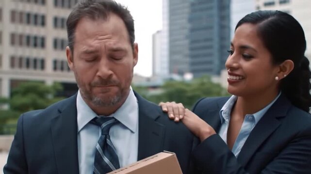 Emotional Corporate Scene: A Dejected Fired Businessman and a Smiling Female Colleague Outdoors.