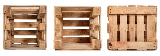 Three empty wooden crates