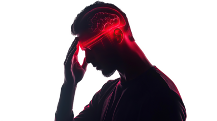 A stressed man touches his red forehead, isolated on a transparent background. PNG