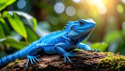 Fototapeta premium Vivid Blue Iguana Resting on a Branch in Tropical Forest.