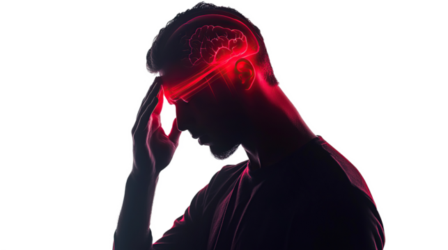 A stressed man touches his red forehead, isolated on a transparent background. PNG