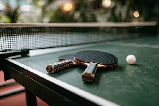 Two ping pong paddles and a ball rest on a green table with a net