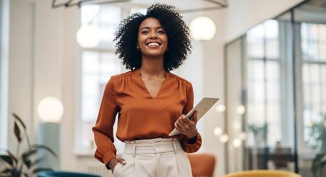 Smiling black woman in stylish outfit holding tablet in modern office