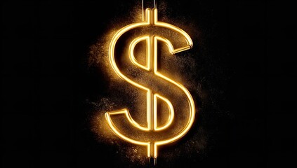 Glowing 3D yellow dollar sign with golden neon lighting on black background, financial concept