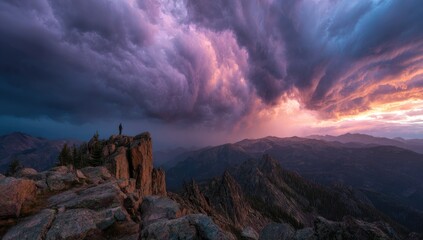 Naklejka premium Dramatic mountain vista at sunset, with a lone figure on a rocky peak, massive storm clouds