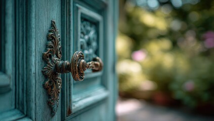 Antique teal door with ornate brass handle.  Garden beyond