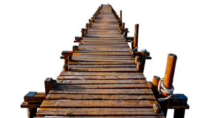 Long Wooden Dock Extending into Darkness Brown Plank Pathway Rustic Pier Structure Isolated on a transparent background