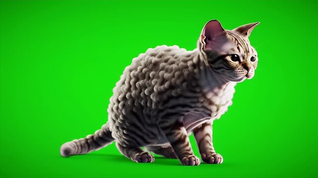 Devon Rex Cat Sitting Isolated by Green Screen with Wavy Coat and Slender Body