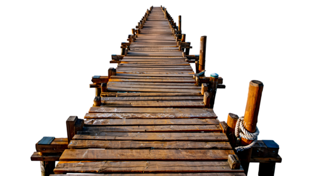 Long Wooden Dock Extending into Darkness Brown Plank Pathway Rustic Pier Structure Isolated on a transparent background