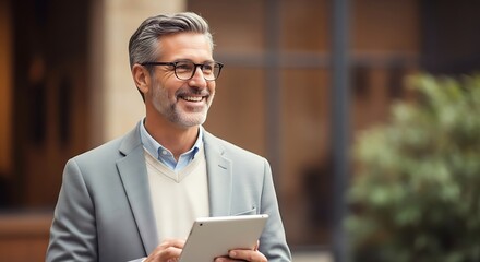 Smiling businessman with tablet outdoors in city