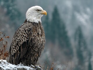 Obraz premium Majestic Bald Eagle Perched on Snowy Rock with Overlooking Mountain Scenery.