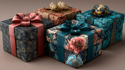 Set of hand drawn Christmas gifts. Boxes of traditional colors with tied ribbons and different patterns. Clip art for New Year and Christmas holidays, vector elements
