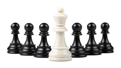 white king chess piece standing out from black chess pieces isolated on white background