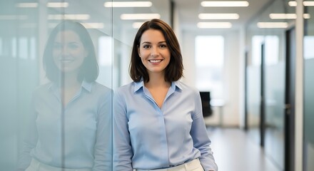 Smiling businesswoman in a modern office hallway with glass walls