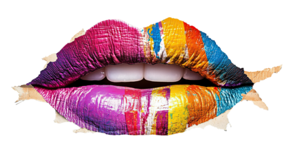 Artistic collage of bright, colorful glitter lips isolated on a transparent background. PNG