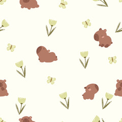 Seamless pattern with capybara, tulips and  butterfly on white background . Hand drawn animals and flowers.	
