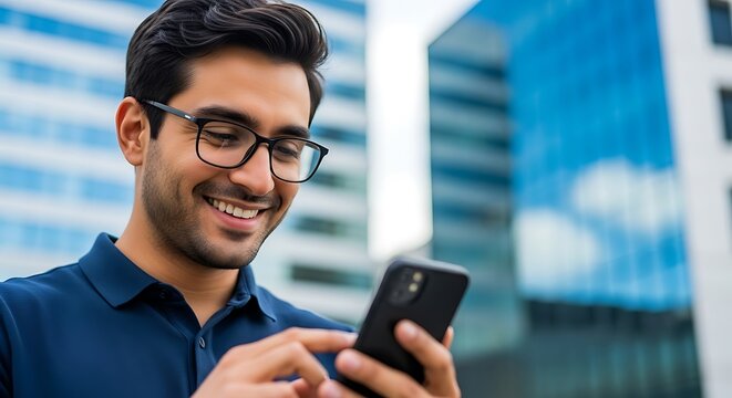 Smiling man in glasses texting on smartphone with modern city buildings in background