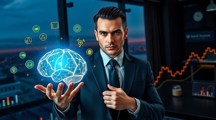 Man in suit holding digital brain with icons in office with cityscape and stock chart background