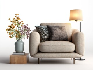 Beige armchair with pillows, flowers, and lamp