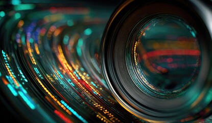 Close-up of a camera lens with swirling, colorful digital data