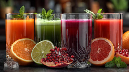 Fresh citrus juice in glass. Orange, lemon, lime, grapefruit drink. Realistic set 3d illustration