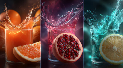 Set fresh grapefruit, lemon, orange juice splashes. Realistic citrus splashing drink Vector.