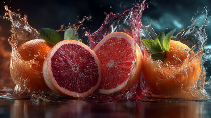 Set fresh grapefruit, lemon, orange juice splashes. Realistic citrus splashing drink Vector.