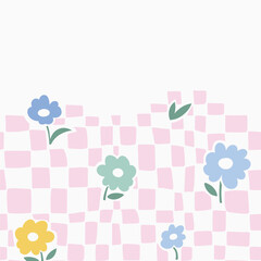 Vector stylish floral checkered y2k card with place for your text. Decorative flowers and checkers  texture. Busness card, invitation or flyer design template.
