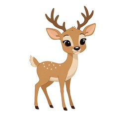 Adorable cartoon fawn, light brown coat, white spots, large eyes, antlers.