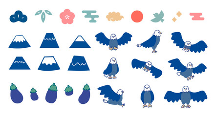 一富士二鷹三茄子と縁起物の年賀素材のイラストセット