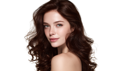 Captivating portrait of a woman with long, flowing brown hair, study in beauty and style.