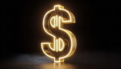 Glowing 3D yellow dollar sign with golden neon lighting on black background, financial concept