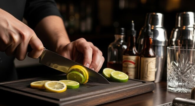 Bartender expertly slicing fresh lemons and limes on a wooden cutting board for cocktails