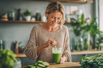 Woman blending green detox juice in kitchen