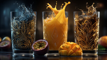 Mango juice splash collection. Drinking glass. yellow swirl splashes. 3d mango smoothie Tropical liquid beverage 3d realistic vector icon set