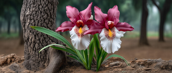 Orchid Pair's Beauty: A captivating pair of vibrant orchids stands out against a backdrop of a tranquil forest, showcasing their delicate beauty.