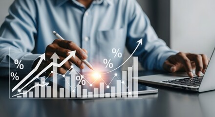 Businessman analyzing financial growth charts and data on a laptop with digital overlays