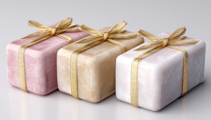 Three gift boxes,  pale pink, beige, and cream, tied with gold ribbon