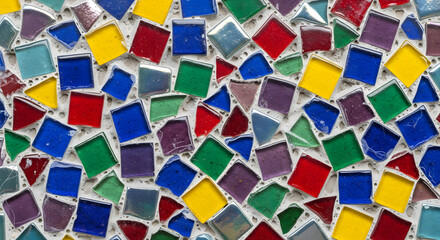 Colorful Mosaic Tile Pattern with Various Shapes and Reflective Surfaces