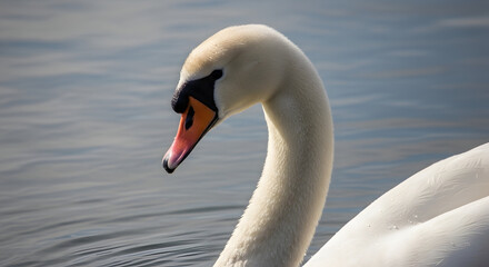 Elegant white swan gracefully glides on calm water, showcasing pristine feathers and serene presence